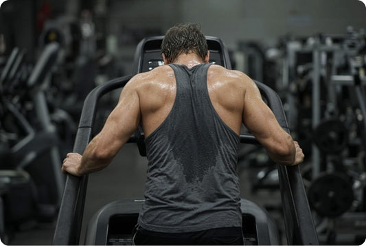 Man seen from behind gripping a treadmill rail after a hard workout, vest soaked with sweat