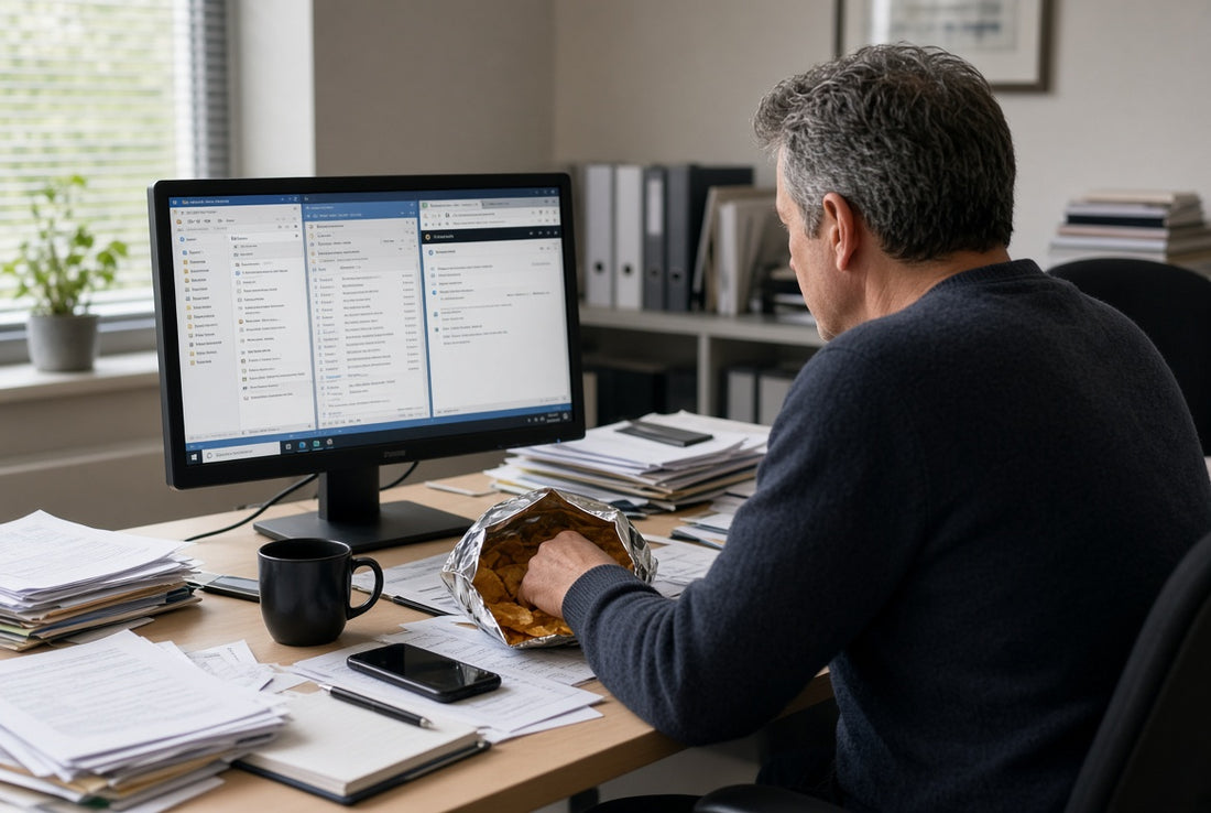 Man at a cluttered office desk reaching into a bag of chips while he works at his computer